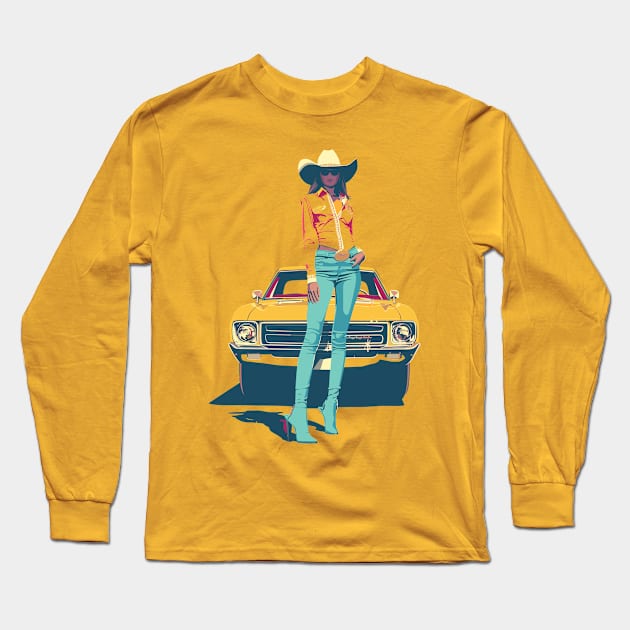 Retro Cosmic Cowgirl: Vintage Sci-Fi Western Inspired Art Long Sleeve T-Shirt by TeeTrendz